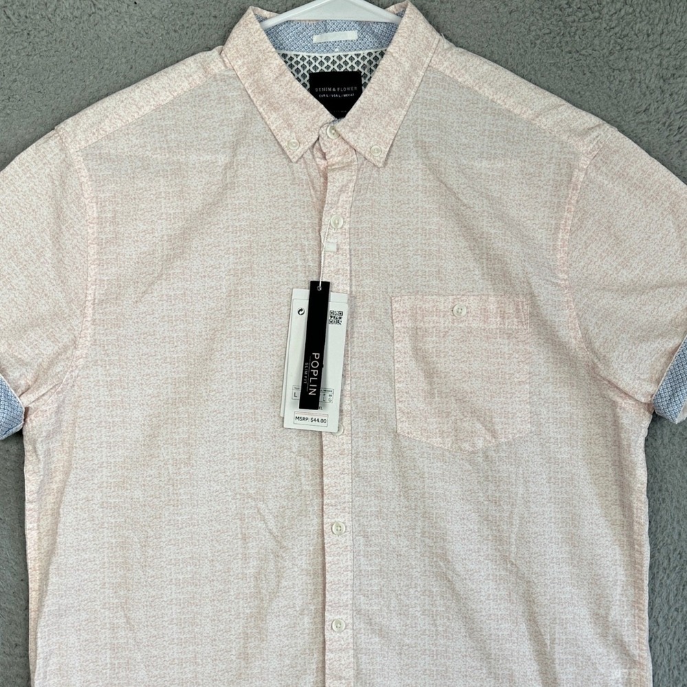NEW Denim Flower Shirt Mens Large Pink Slim Fit Button Down Short Sleeve Pocket